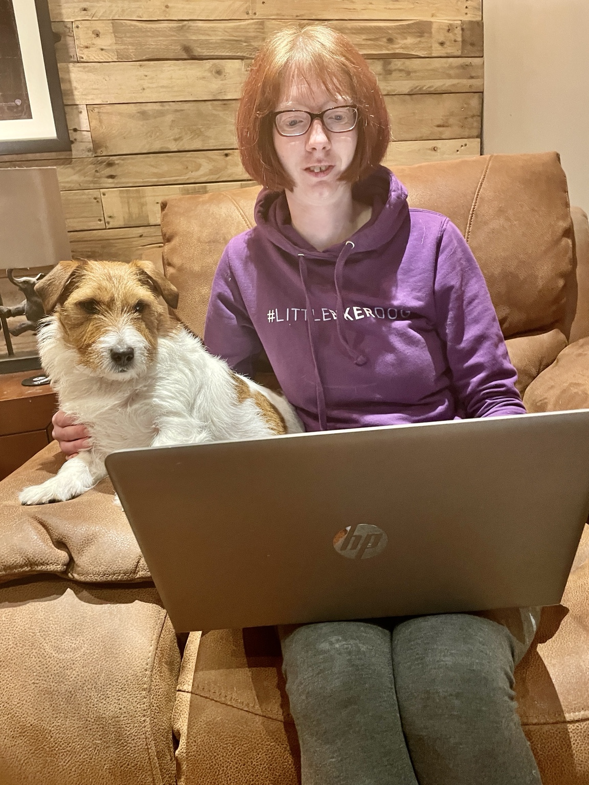 Dog trainer with Cookie and a laptop at home