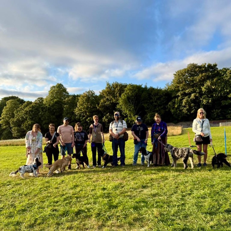 Outdoor dog training workshop with Steve from Lammermuir Gundogs and a group of dogs and handlers