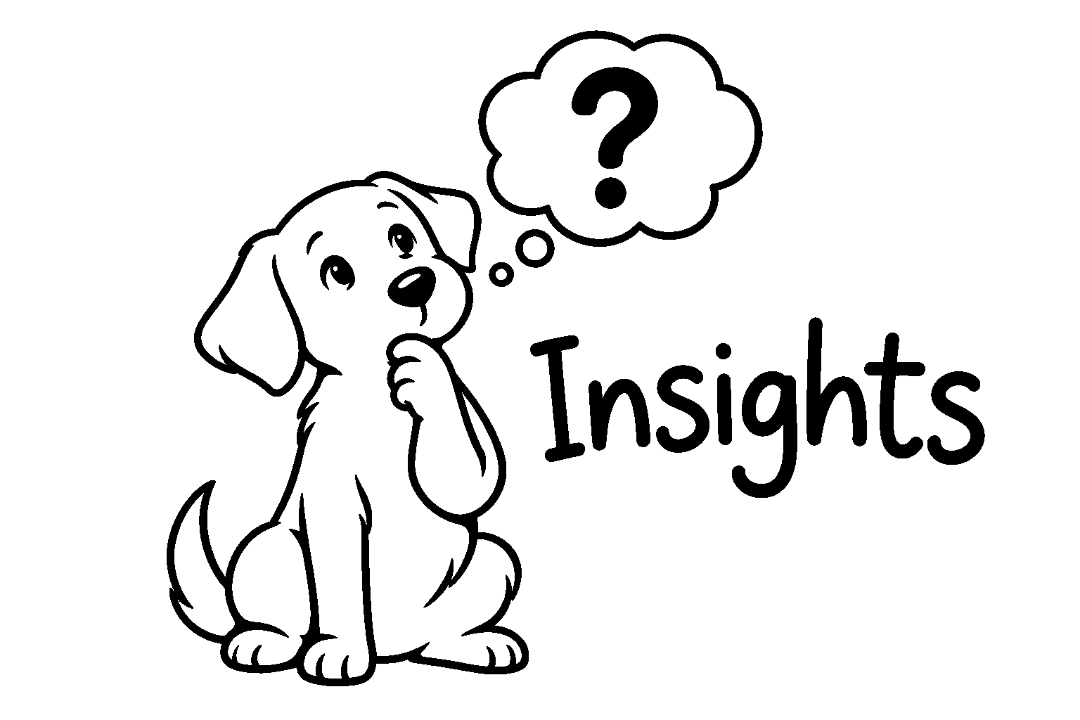 Black-and-white drawing of a thoughtful dog with a question mark and the word Insights.